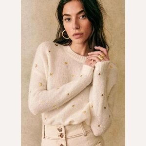 Sézane Cinta Jumper Sweater Ecru Gold Hearts Small